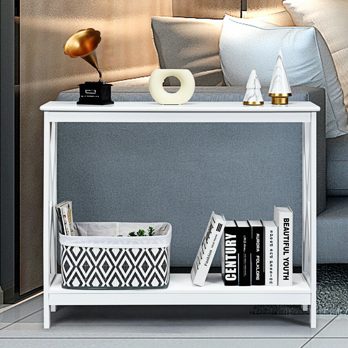 2-Tier Console X-Design Sofa Side Accent Table with Spacious Storage Space