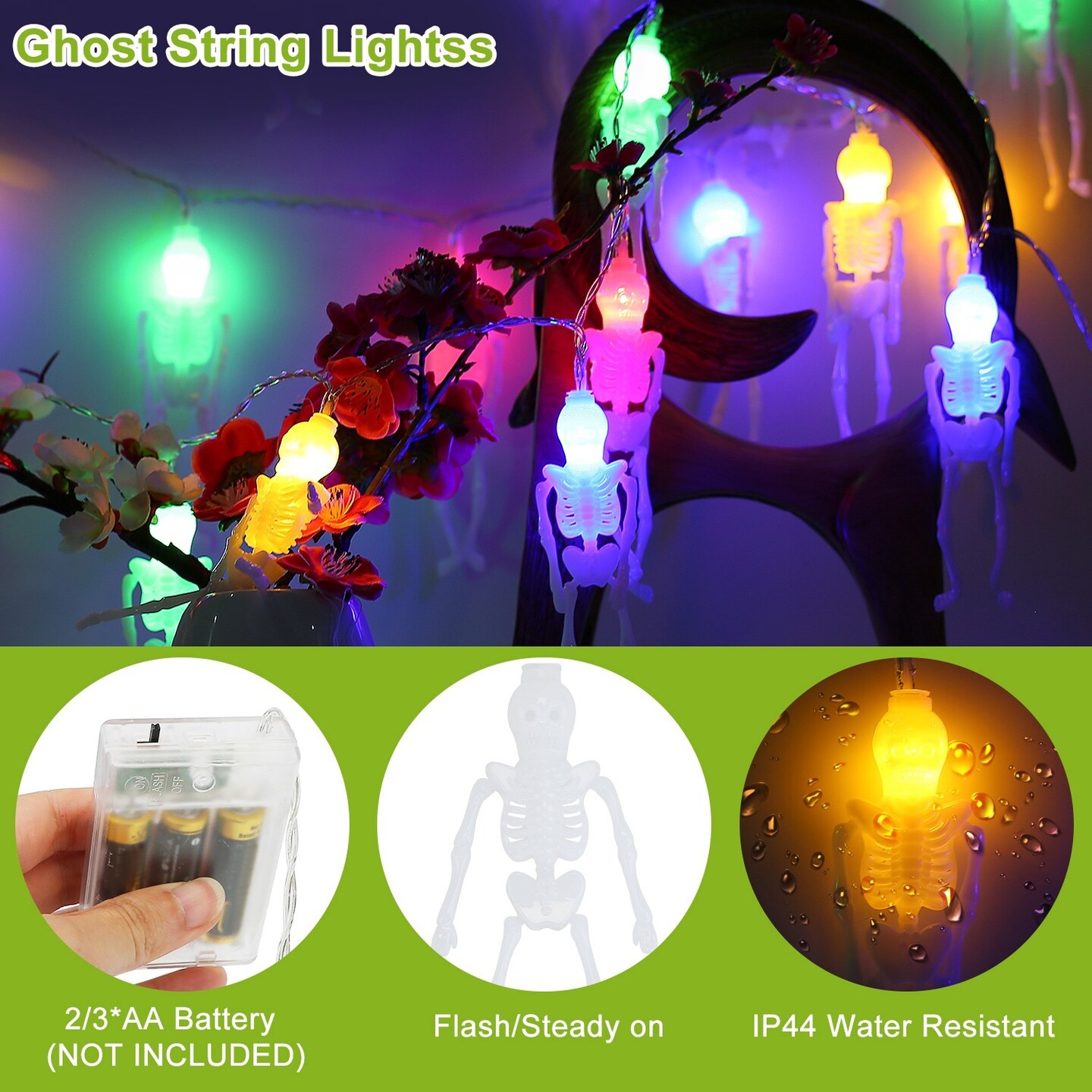 24ft Halloween String Lights with Colorful 3D Spooky Skeleton Ghost | Gauze Skull Lights