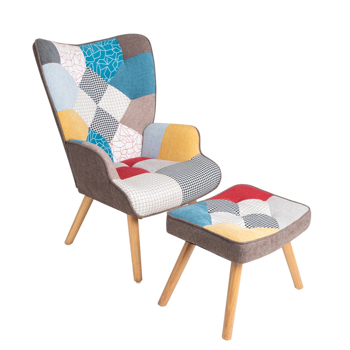 Accent Chair with Ottoman - Comfy Side Armchair for Bedroom | Creative Splicing Cloth Surface