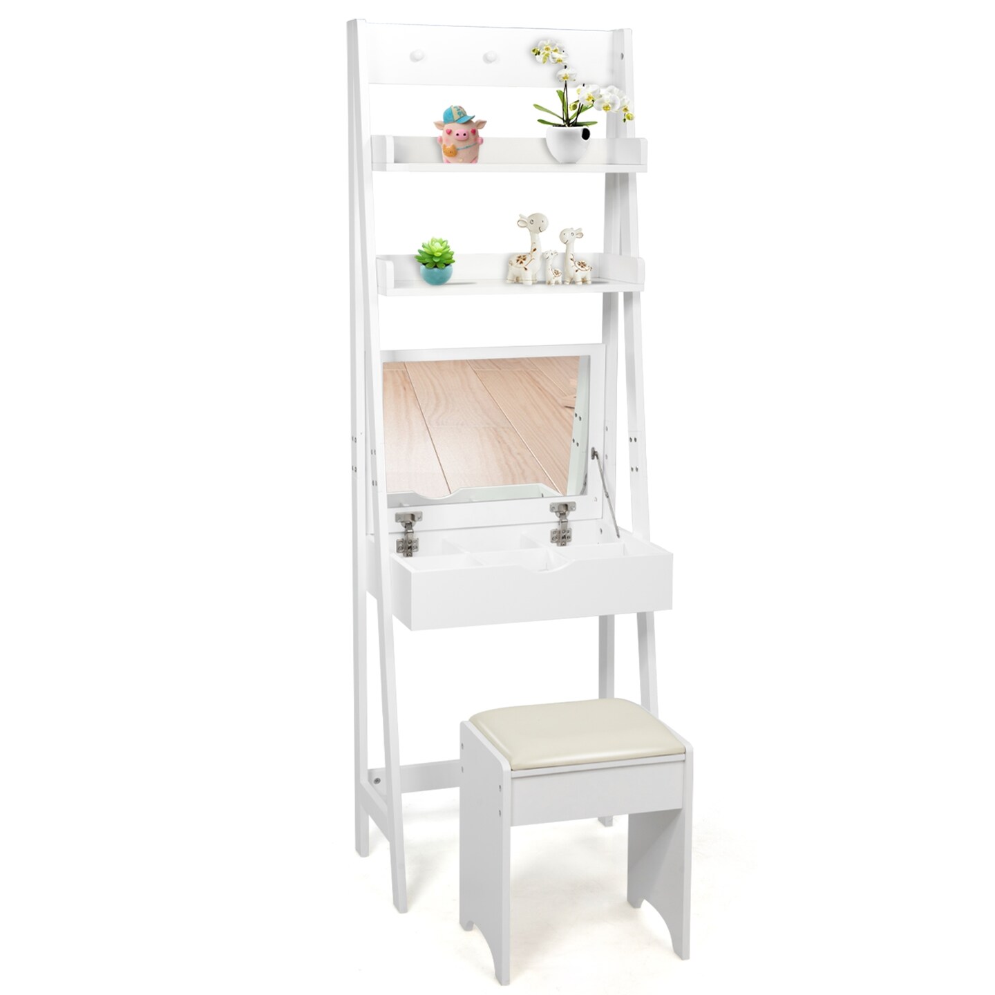 White Vanity Table with Flip Mirror, 3-in-1 Desk, Bookshelf, and Stool