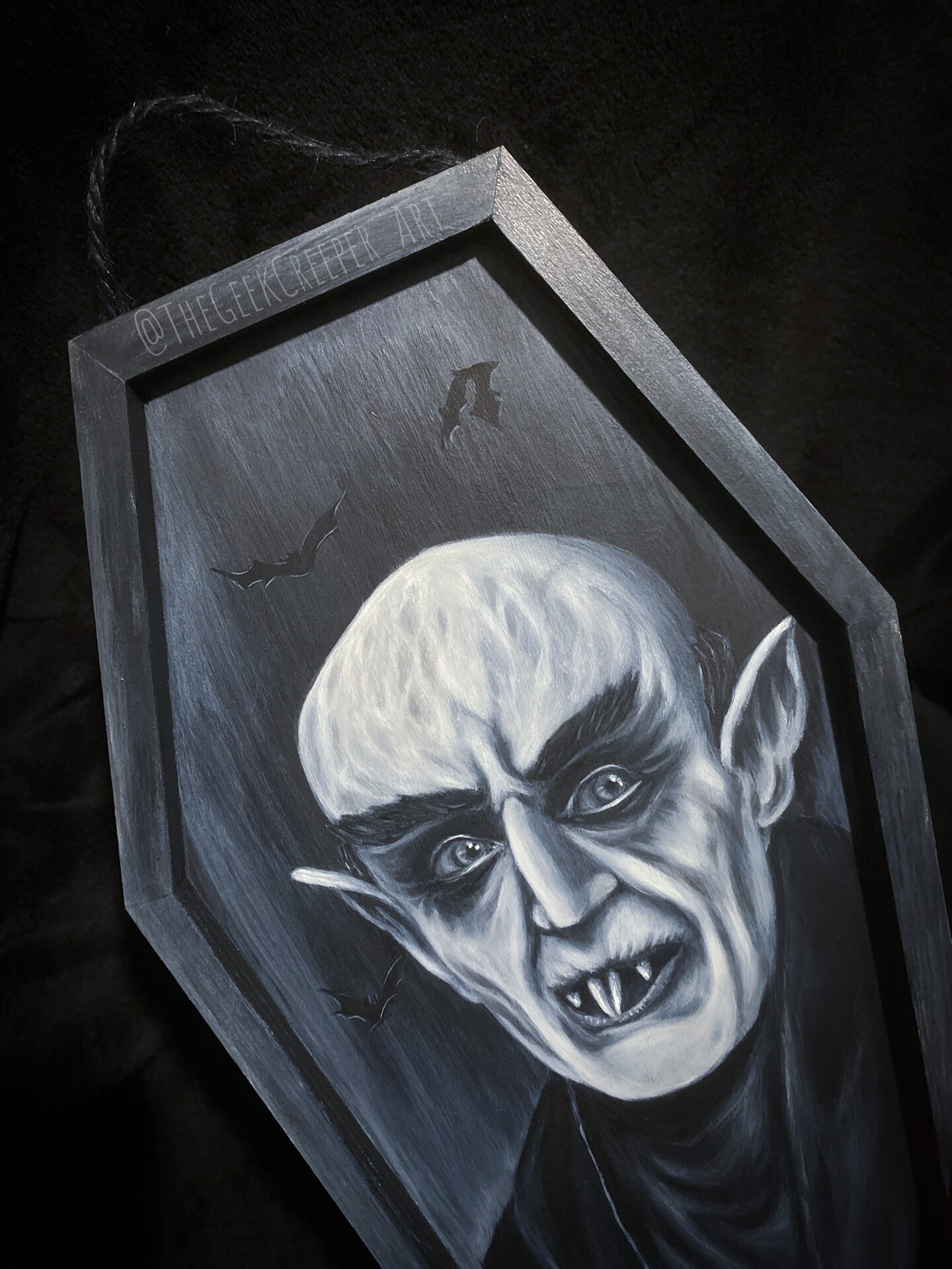 Count Orlok painting on coffin shaped wood panel 18”x8” product 3