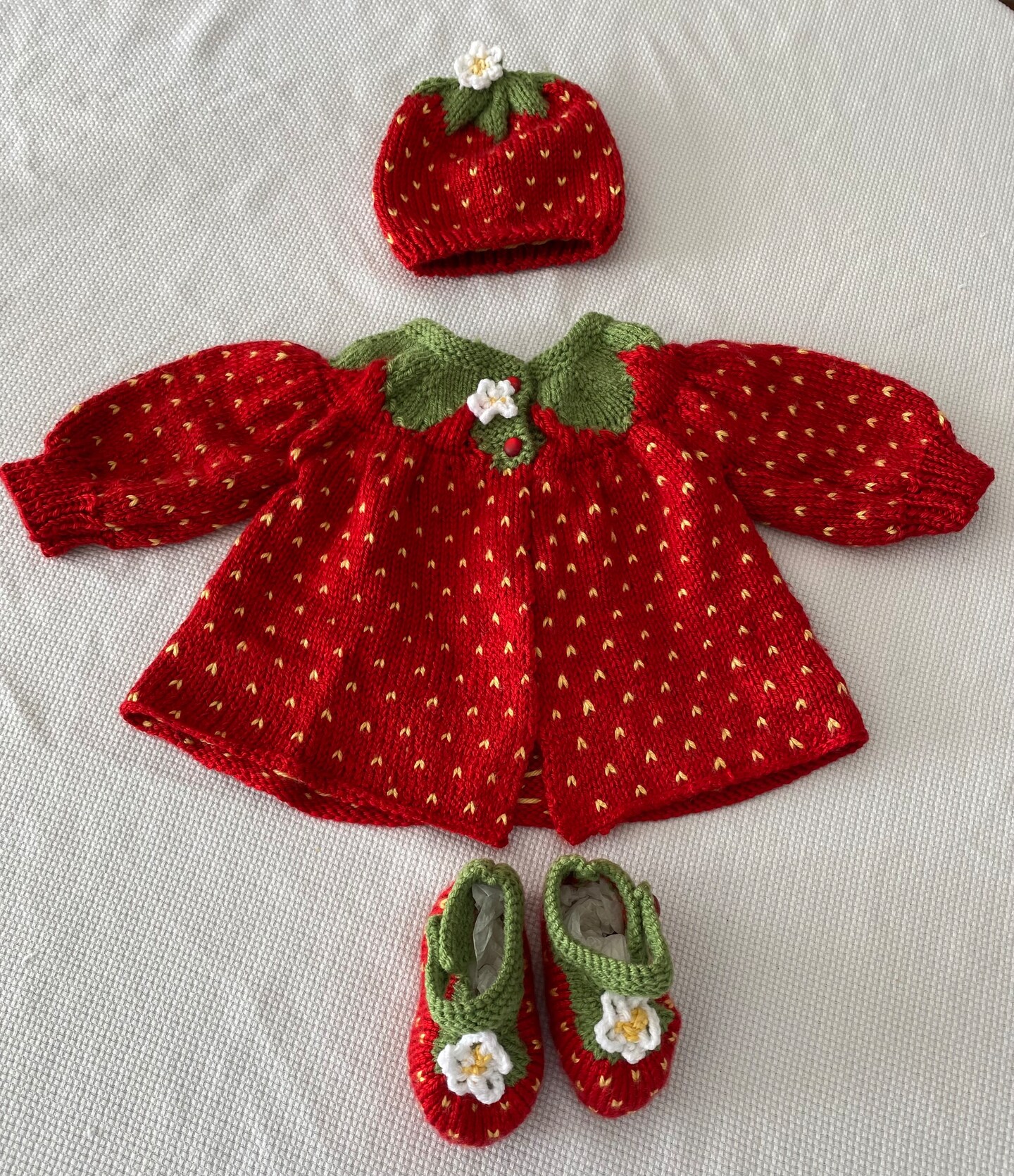 Strawberry baby sweater booties and hat