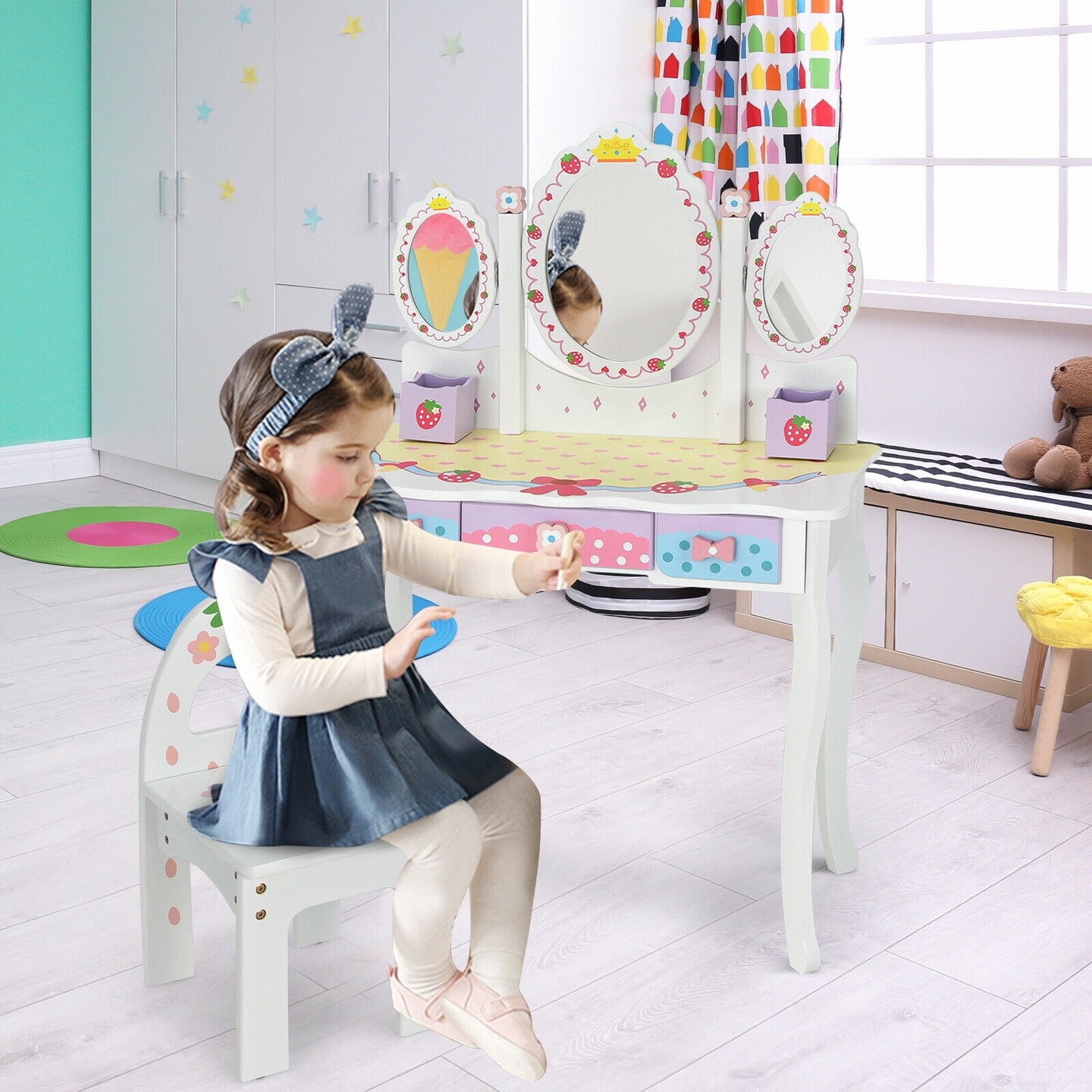 Kids Vanity Princess Makeup Dressing Table Chair Set with Tri-fold Mirror