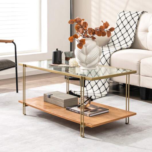 2 Tiers Rectangle Glass Coffee Table with White and Gold Steel Frame-Gold