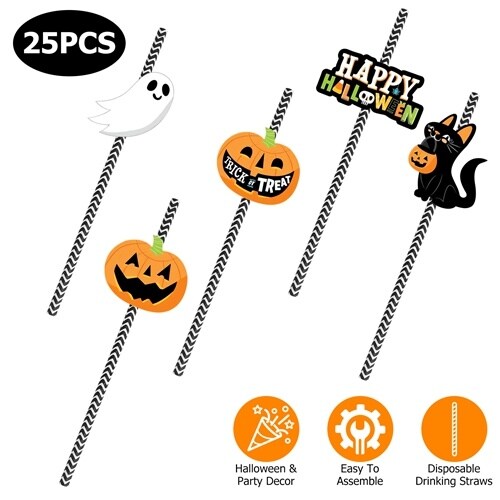 25 Pcs Halloween Party Striped Disposable Paper Decorative Straws | Halloween Party Supplies