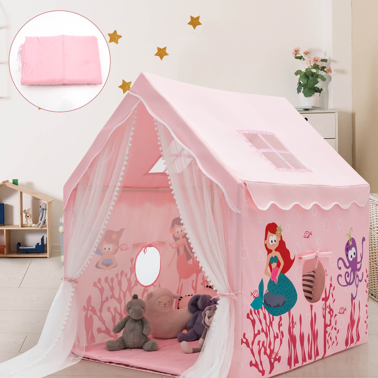 Kids Indoor Playhouse Tent with Removable and Comfortable Cotton Mat and Mesh Curtains