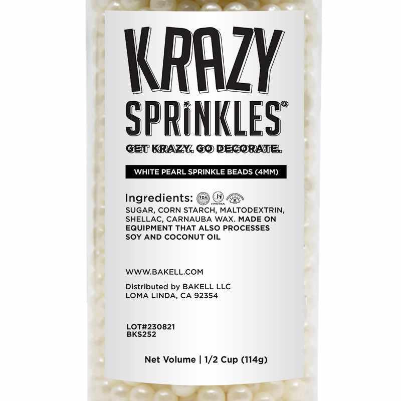 Krazy Sprinkles - White Pearl 4mm Beads (1/2 Cup, 1x Jar) for Cakes, Ice Cream & Cookies