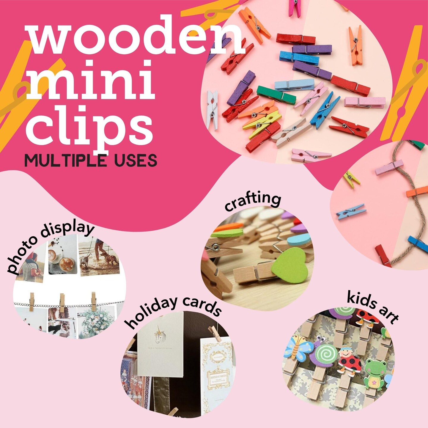 Mini Clothespins, Mini Clothes Pins for Photo Natural Wooden Small Picture  Clips for Crafts 1 Inch 100 PCS Tiny Pegs Decorative Wood Clips for Wall