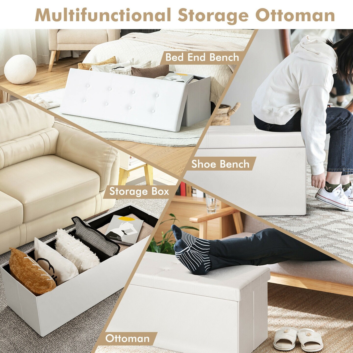 45 Inches Faux Leather Foldable Ottoman Storage Bench with Thick Sponge Padded Seat