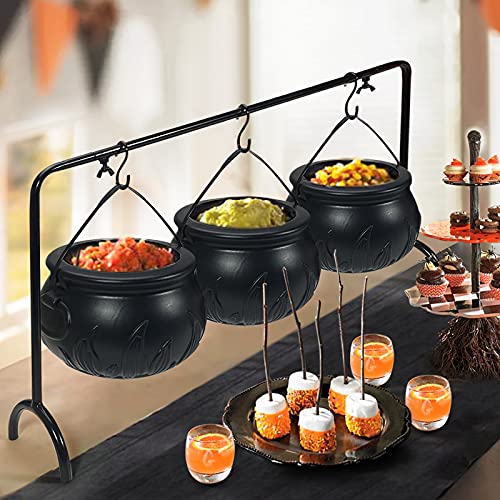 Halloween Decor - Halloween Party Decorations - Set of 3 Witches Cauldron Serving Bowls on Rack - Black Plastic Hocus&#xA0;Pocus Candy Bucket Cauldron for Indoor Outdoor Home Kitchen Decoration