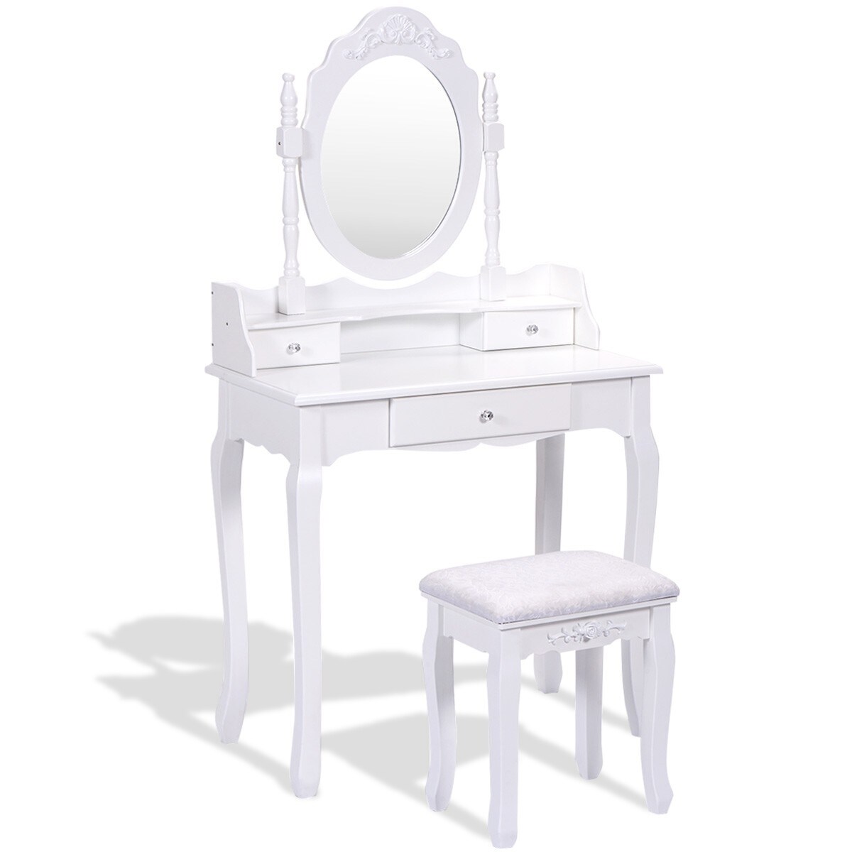 Vanity Table Set with Cushioned Stool with 360&#xC2;&#xB0; Rotating Oval Mirror and Three Drawers-White