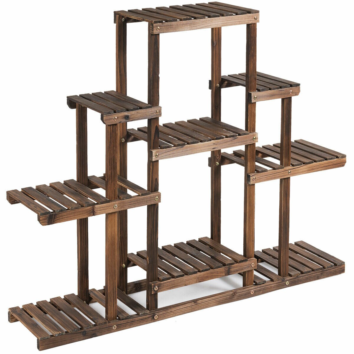 Carbon Baking 6-Tier Solid Wood Plant Stand Indoor Outdoor Flower Pot Rack
