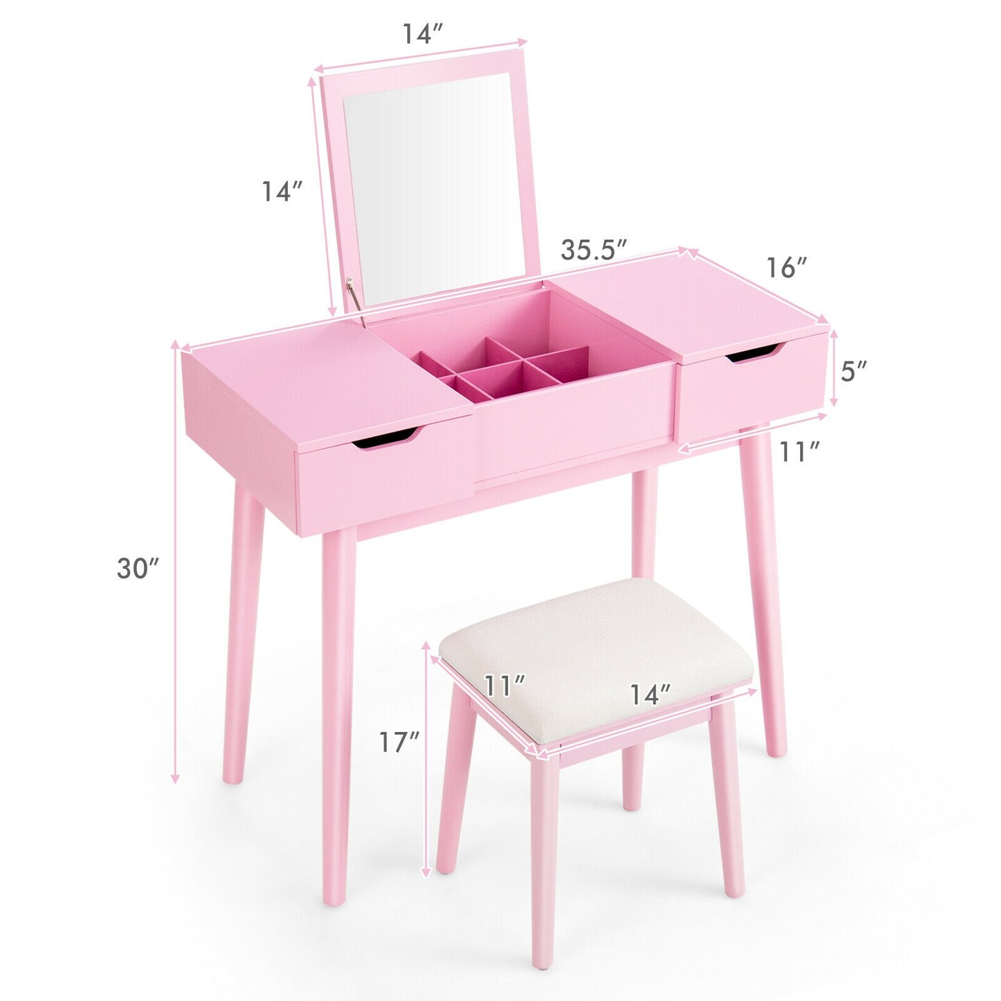 Makeup Vanity Table Set with Flip Top Mirror and 2 Drawers