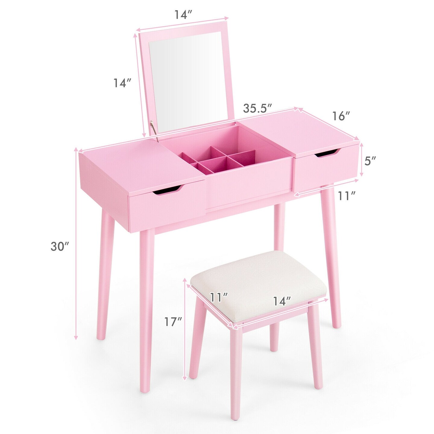 Makeup Vanity Desk with Stool 2 Drawers 9 Removable Dividers Pink