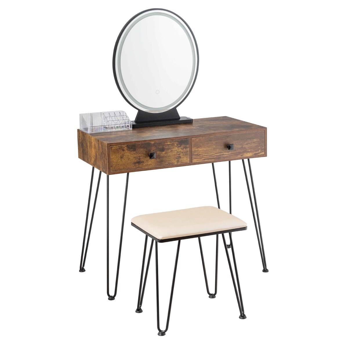 Makeup Dressing Table Included Soft Cushion Seat Stool with 3 Lighting Modes and 2 Large Drawers