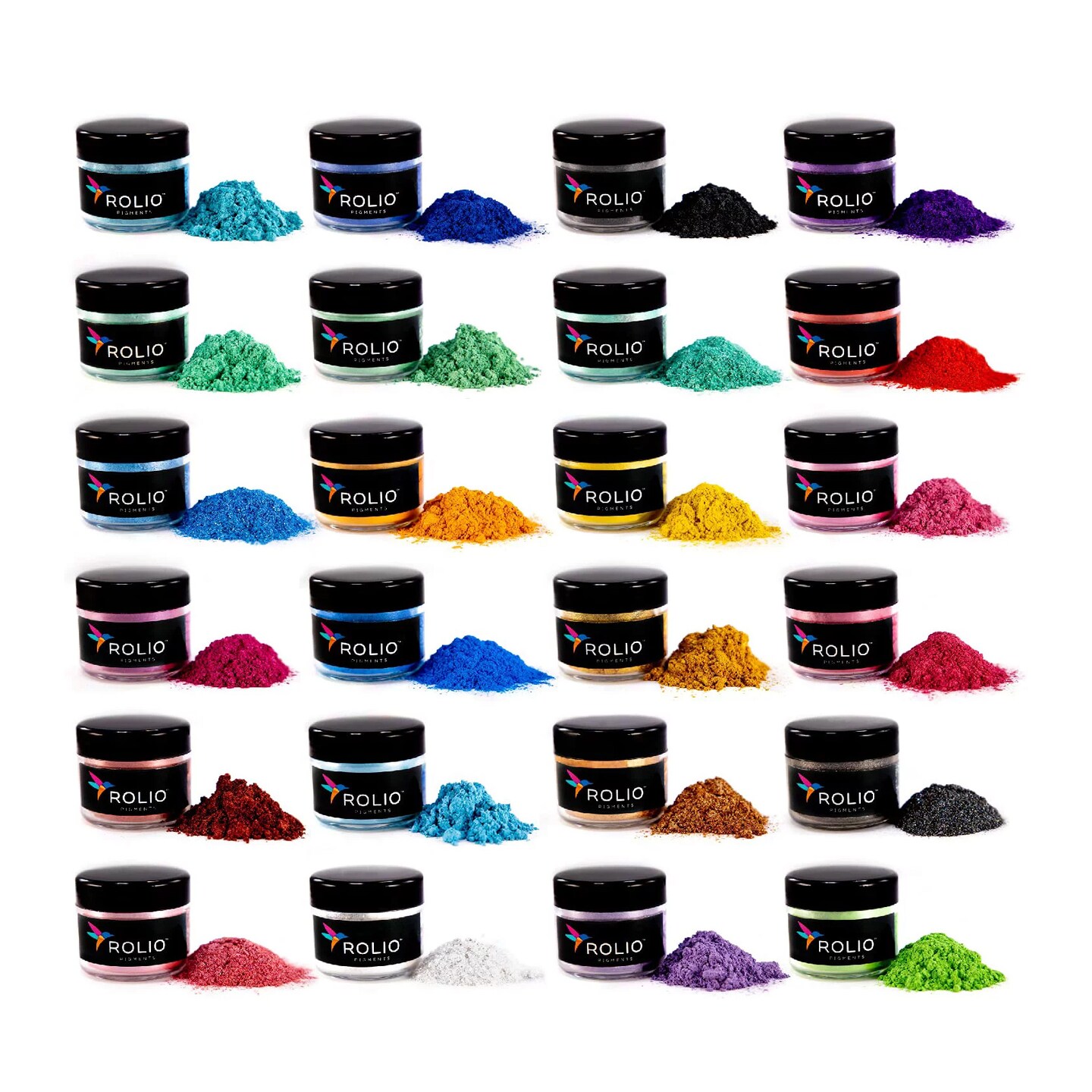 Rolio Mica Powder - 24 Color Original Set, 10g, Pearlescent Color Pigment - Art Set for Resin Epoxy - for Soap Making, Nail Polish, Lip Gloss, Eye Shadow, Slime & Candle Jars