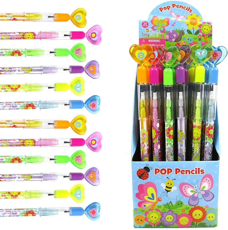 TINYMILLS 24 Pcs Spring Flowers Butterfly Multi Point Stackable Push Pencil Assortment with Eraser