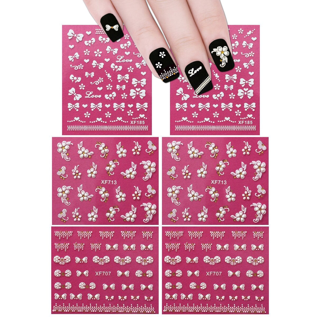 Wrapables Fingernail Stickers Nail Art Nail Stickers Self-Adhesive Nail Stickers 3D Nail Decals - Bows, Hearts &#x26; Flowers (3 Designs/6 Sheets)