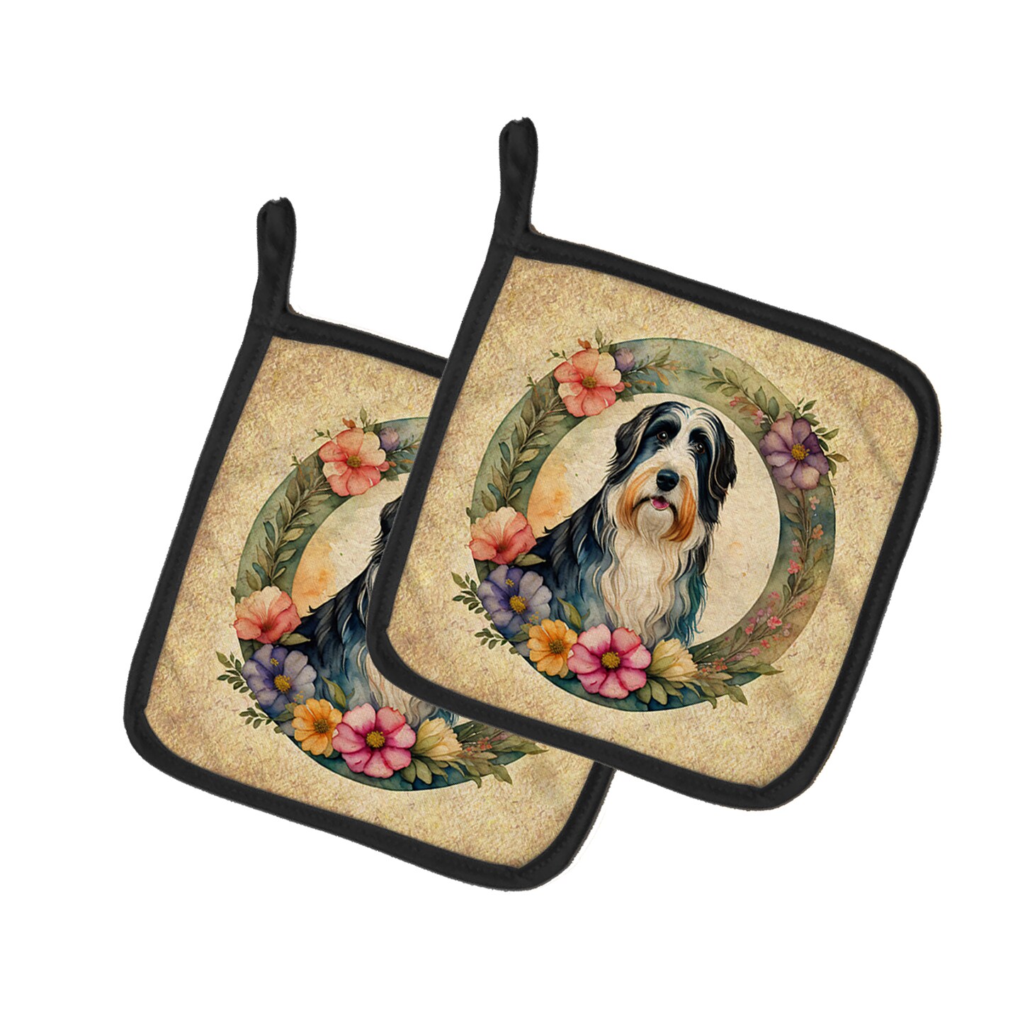 Caroline&#x27;s Treasures Bearded Collie and Flowers Pair of Pot Holders