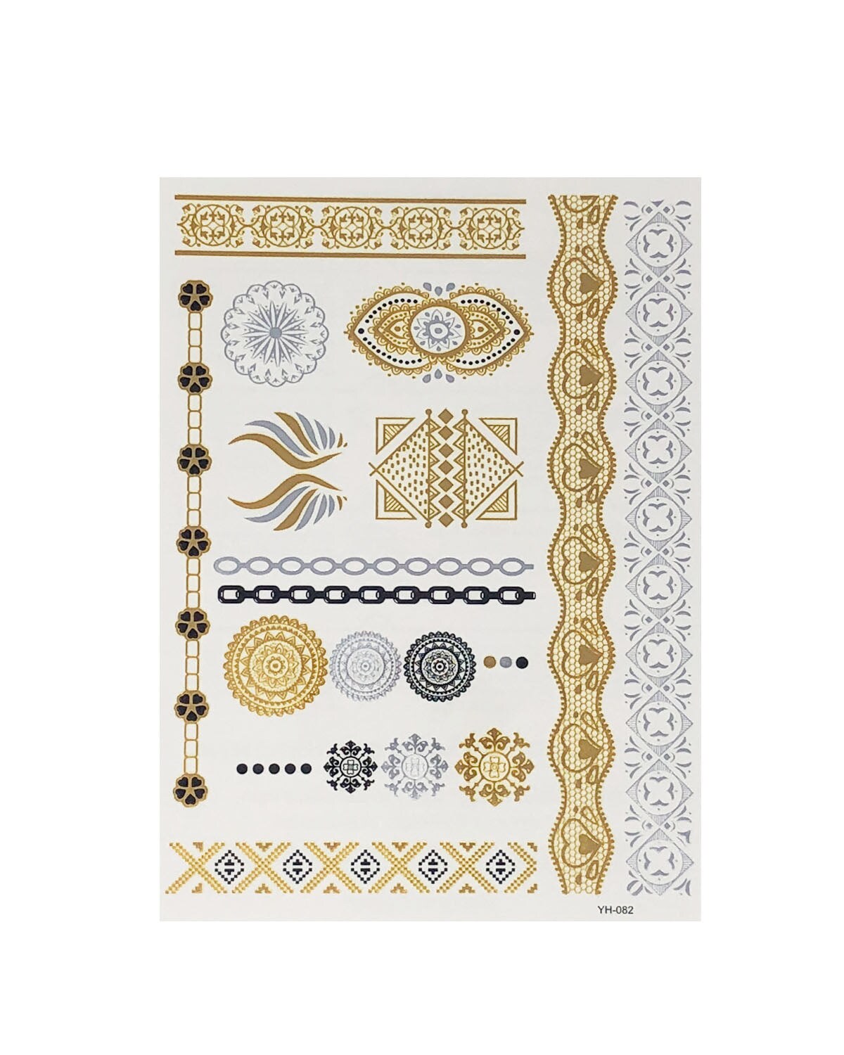 Wrapables Celebrity Inspired Temporary Tattoos in Metallic Gold Silver and Black (6 Sheets), Large, Feathers &#x26; Floral