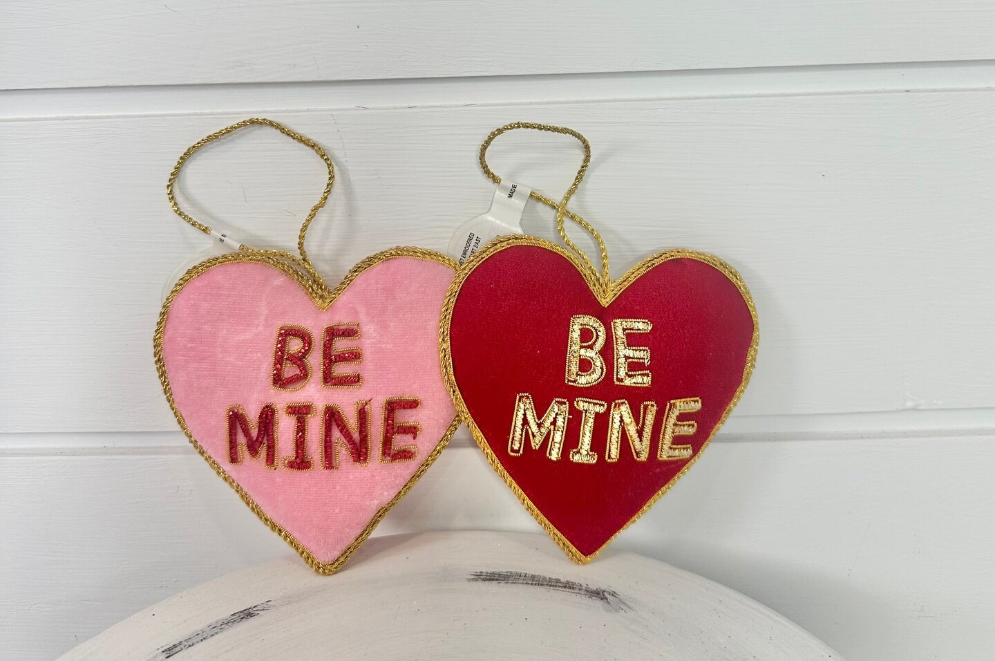 Set of 2- 4&#x22; Velvet &#x27;Be Mine&#x27; Hearts - Embroidered in Pink/Red/Gold and Red/Gold - Valentine&#x27;s Day Decor - TCT Crafts - (MTX71533)