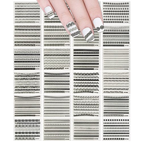 Wrapables 24 Sheets Gold, Silver &#x26; Black Nail Strips Nail Stickers Nail Art Set (Silver &#x26; Black Nail Strips)