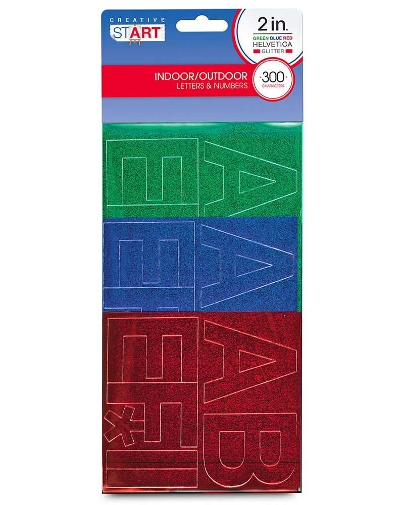 Creative Start Vinyl Self-Adhesive Glitter Letters and Numbers, 2", Helvetica Font, Green, Blue and Red, 300 count
