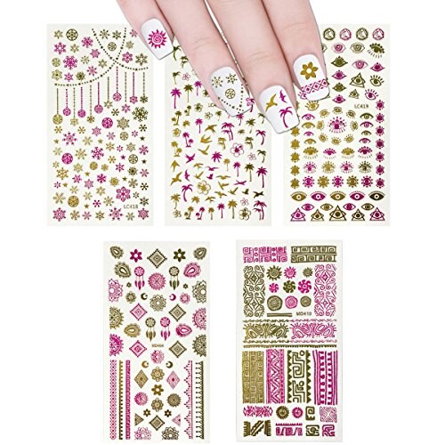 Wrapables 450+ Nail Stickers Pink &#x26; Gold Foil Nail Stickers Nail Art Henna Nail Stickers, 5 sheets - Prints