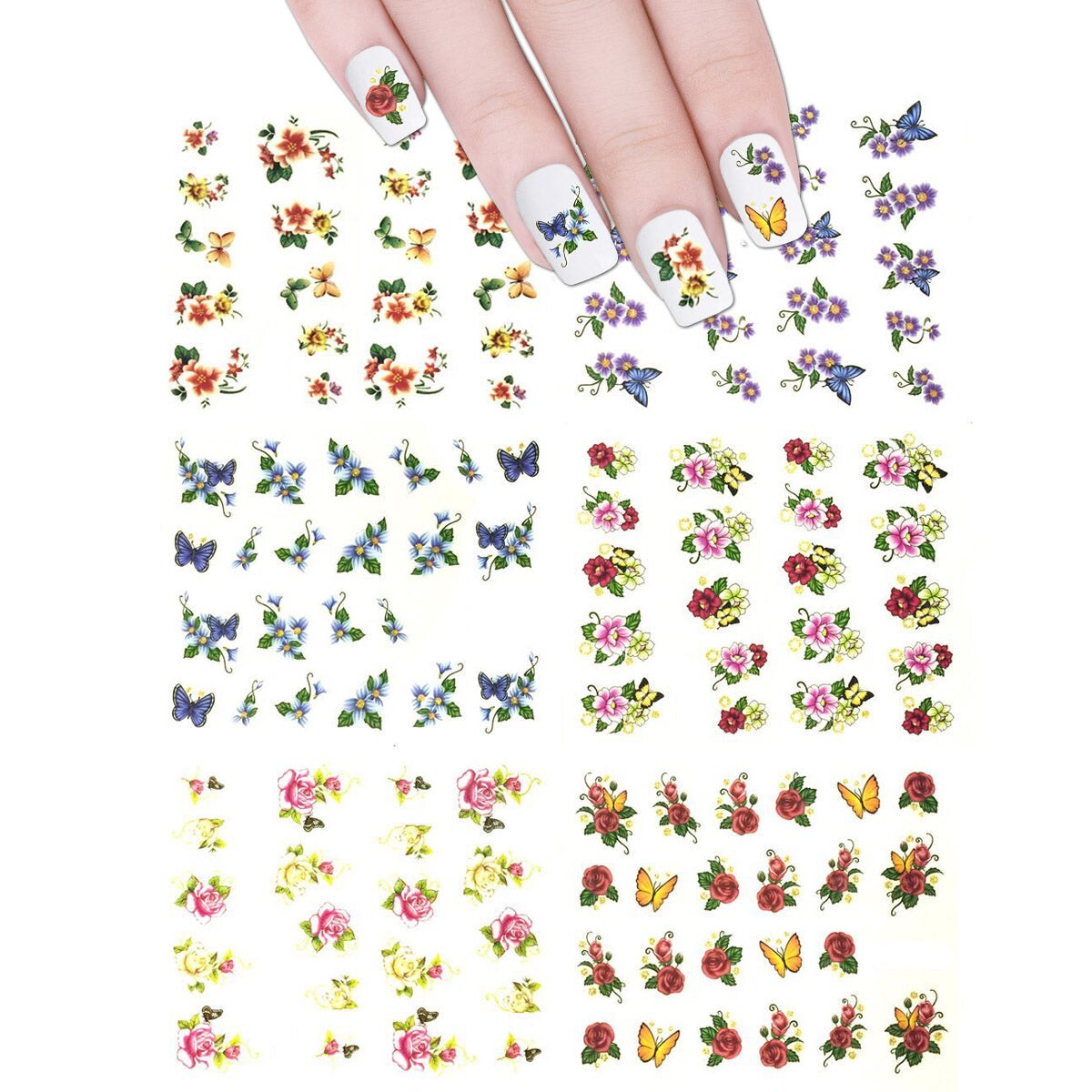 Wrapables Nail Art Water Nail Stickers Water Transfer Stickers / Nail Art Tattoos / Nail Art Decals, Flowers &#x26; Butterflies (6 Sheets)