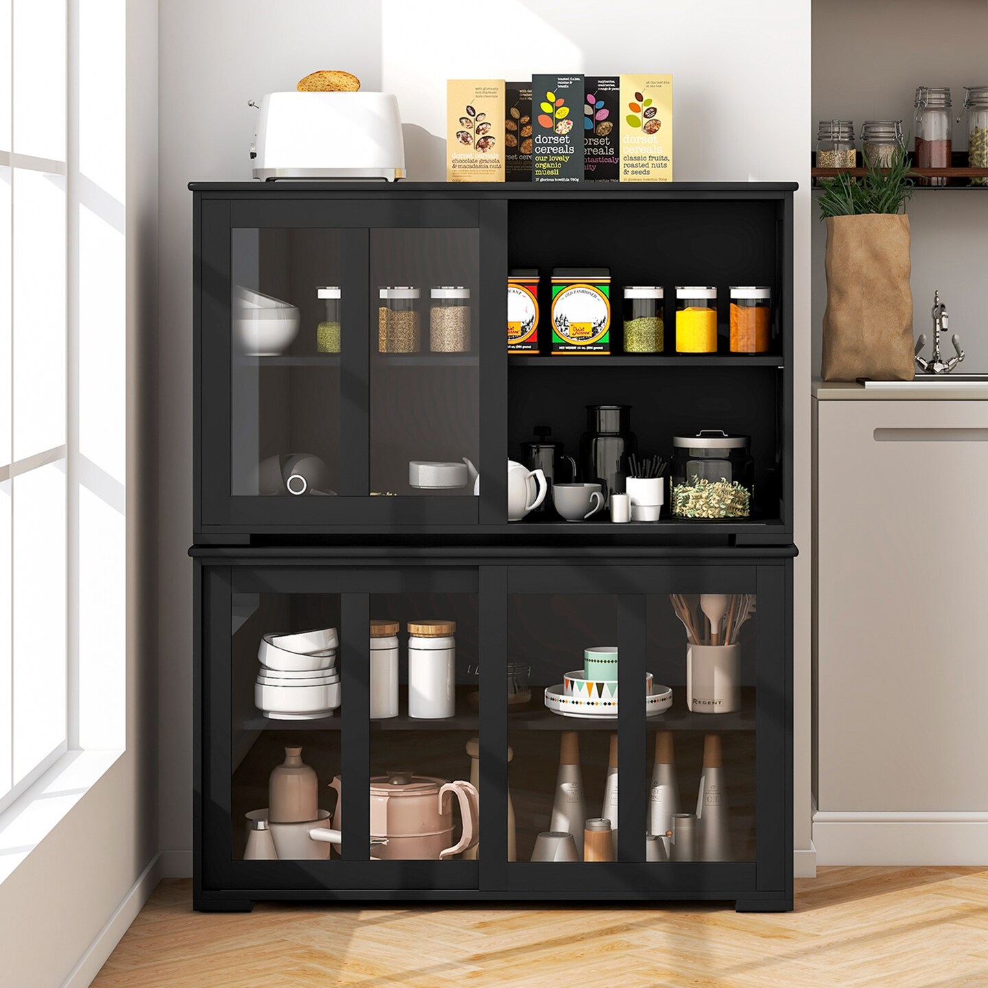 Costway 2-Door Stackable Buffet Sideboard Set of 2 with Sliding Tempered Glass Doors Black/Coffee/Gray/White