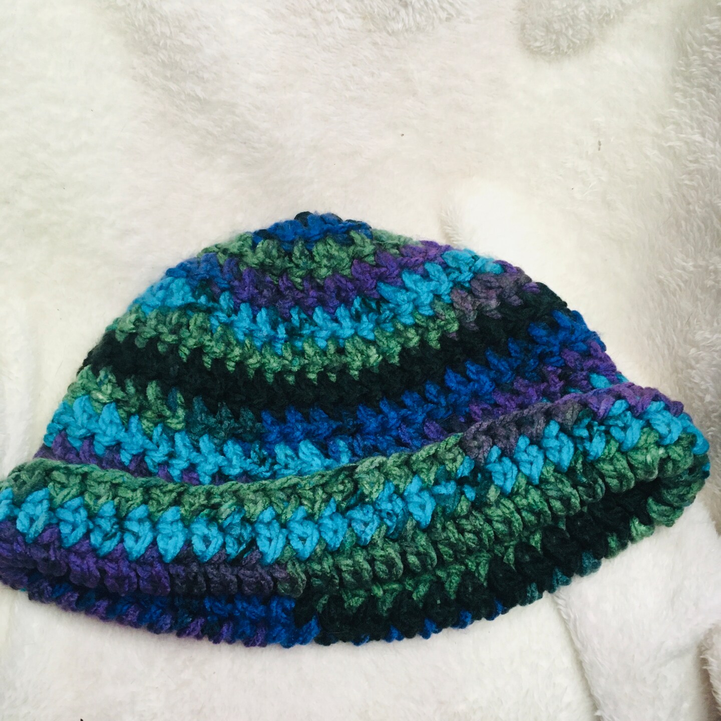 Handknit multicolor blue purple green one of a kind crochet hat One of a Kind, Cold Weather, Hand Knit Hat- Rainbow Pattern  main image 3