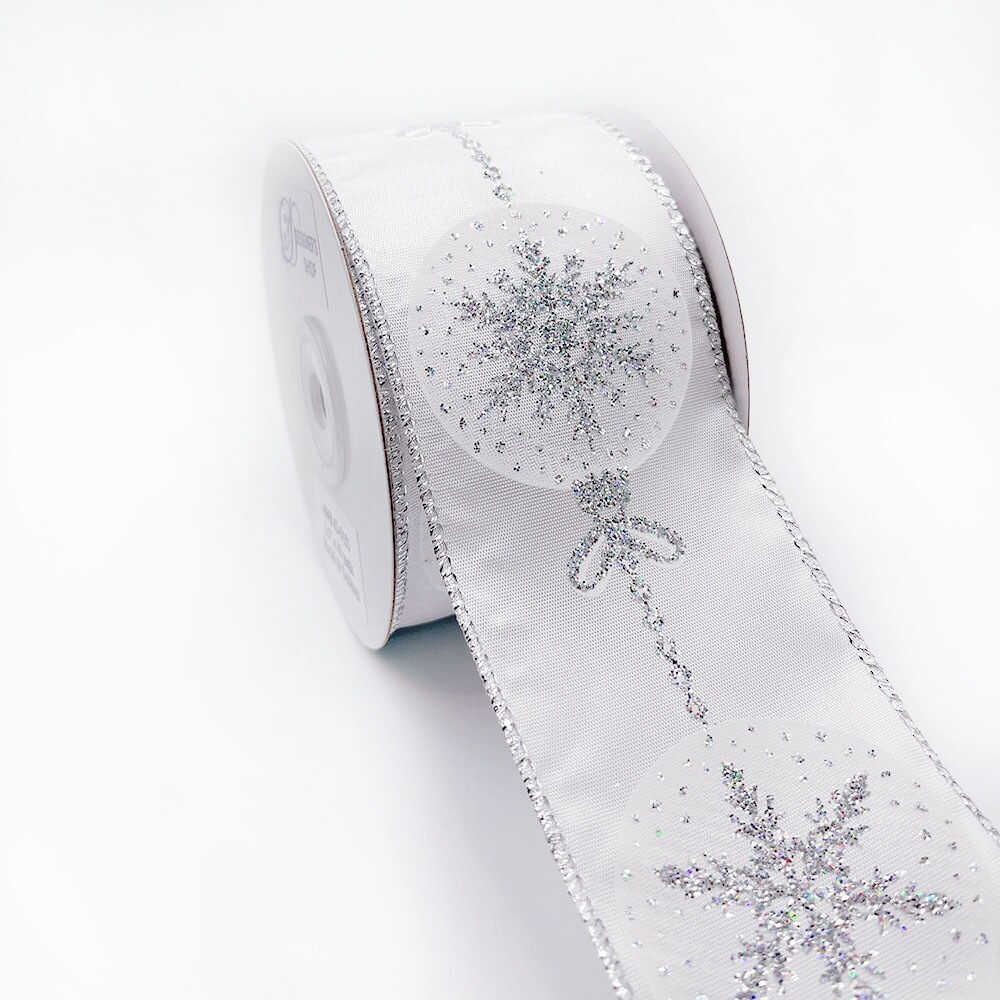Designer’s Shop Holiday Snow Flake Ornaments wired edge ribbon 2.5” x 10 yard For DIY crafting, Home Décor