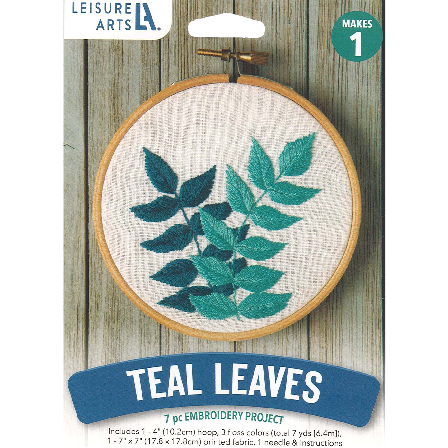 Leisure Arts Embroidery Kit 4" Teal Leaves - Embroidery Kit for Beginners and Adults, Cross Stitch Kits with Patterns, DIY Starter Set for Seasonal Craft Projects
