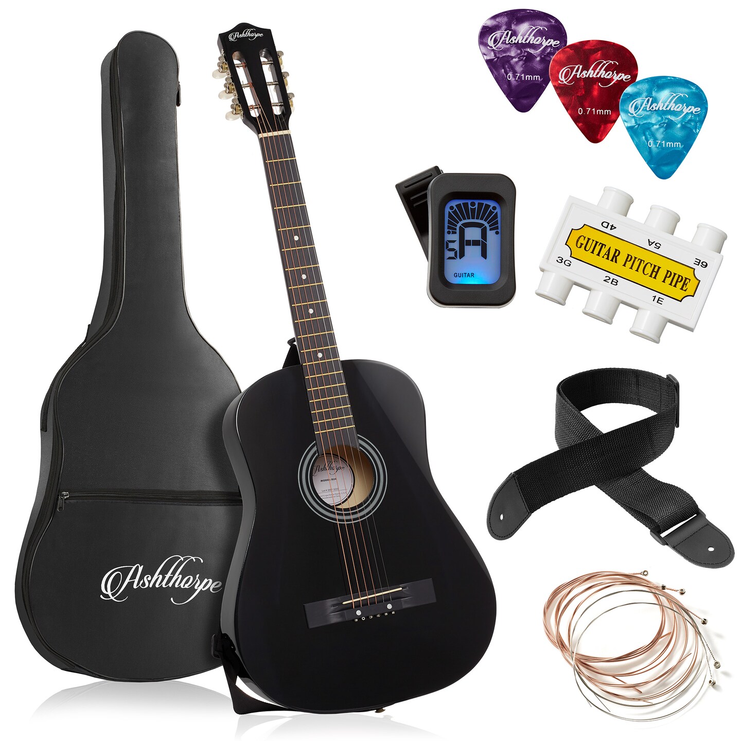 Ashthorpe Beginner Acoustic Guitar Package, Basic Starter Kit w/ Gig Bag, Strings, Strap, Tuner, Picks