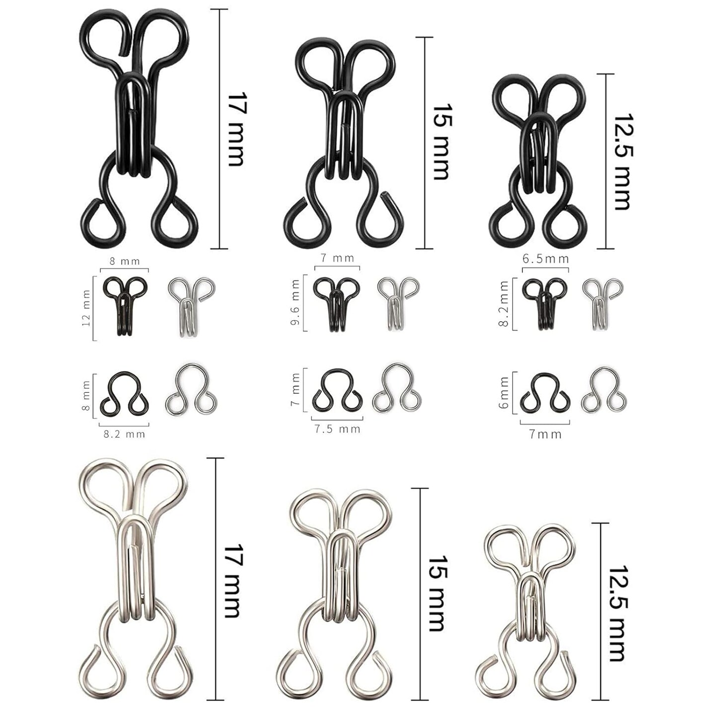 50 Set Sewing Hooks and Eyes Closure for Bra and Clothing, 3 Sizes (Silver and Black)