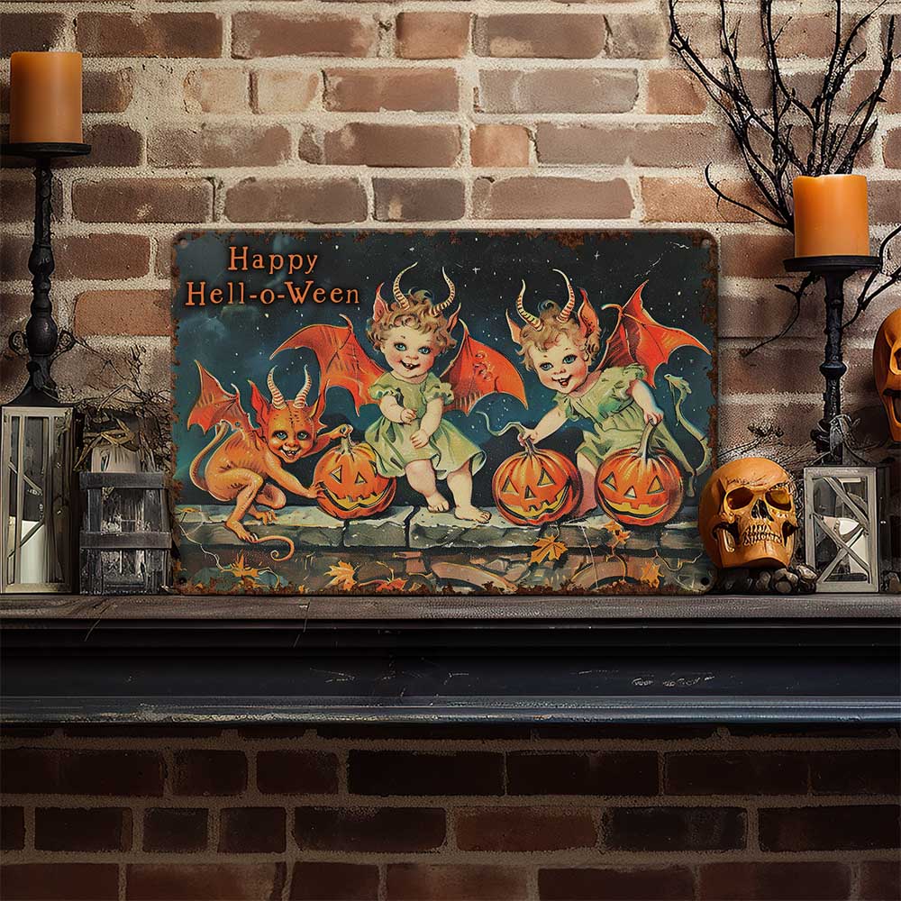 Primitive Halloween Decor - Cute Demons Metal Sign - Antique Rustic ...