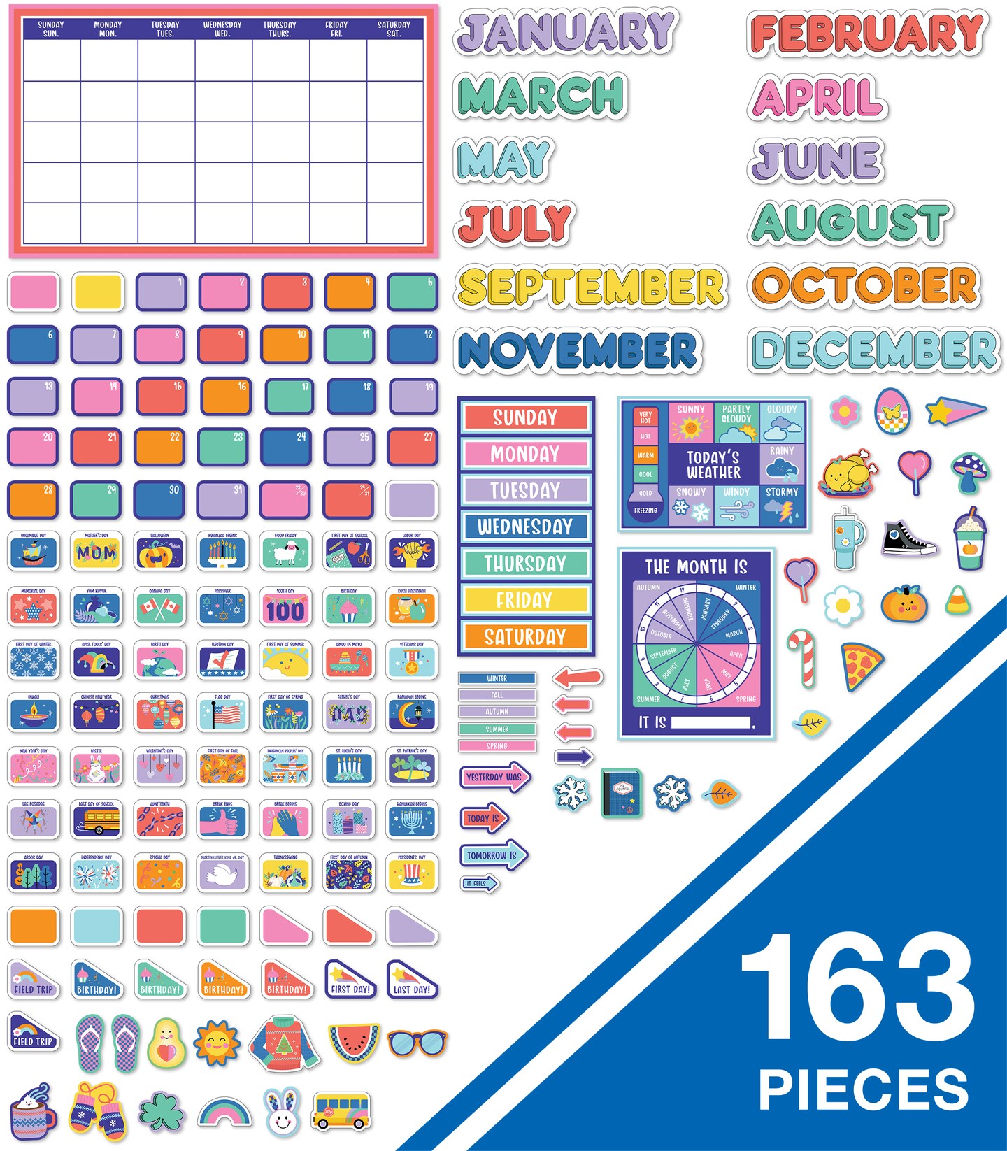 Carson Dellosa We Stick Together 163 pc Set Wall Calendar, Monthly Headers, Holidays, Birthdays, Number Cover Ups, Seasons, Days of the Week Chart, and More, Groovy Bulletin Board and Classroom Decor