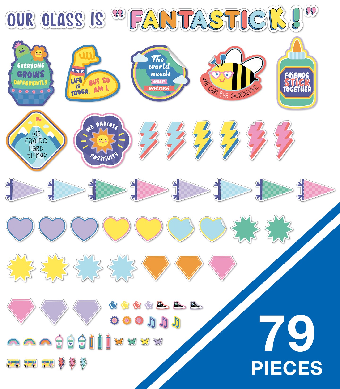 Carson Dellosa We Stick Together 79-Piece Our Class is Fantastick! Motivational Bulletin Board Set, Positive Sayings, Heart, Pennant, and More Colorful Accents, Bulletin Board and Classroom D&#xE9;cor