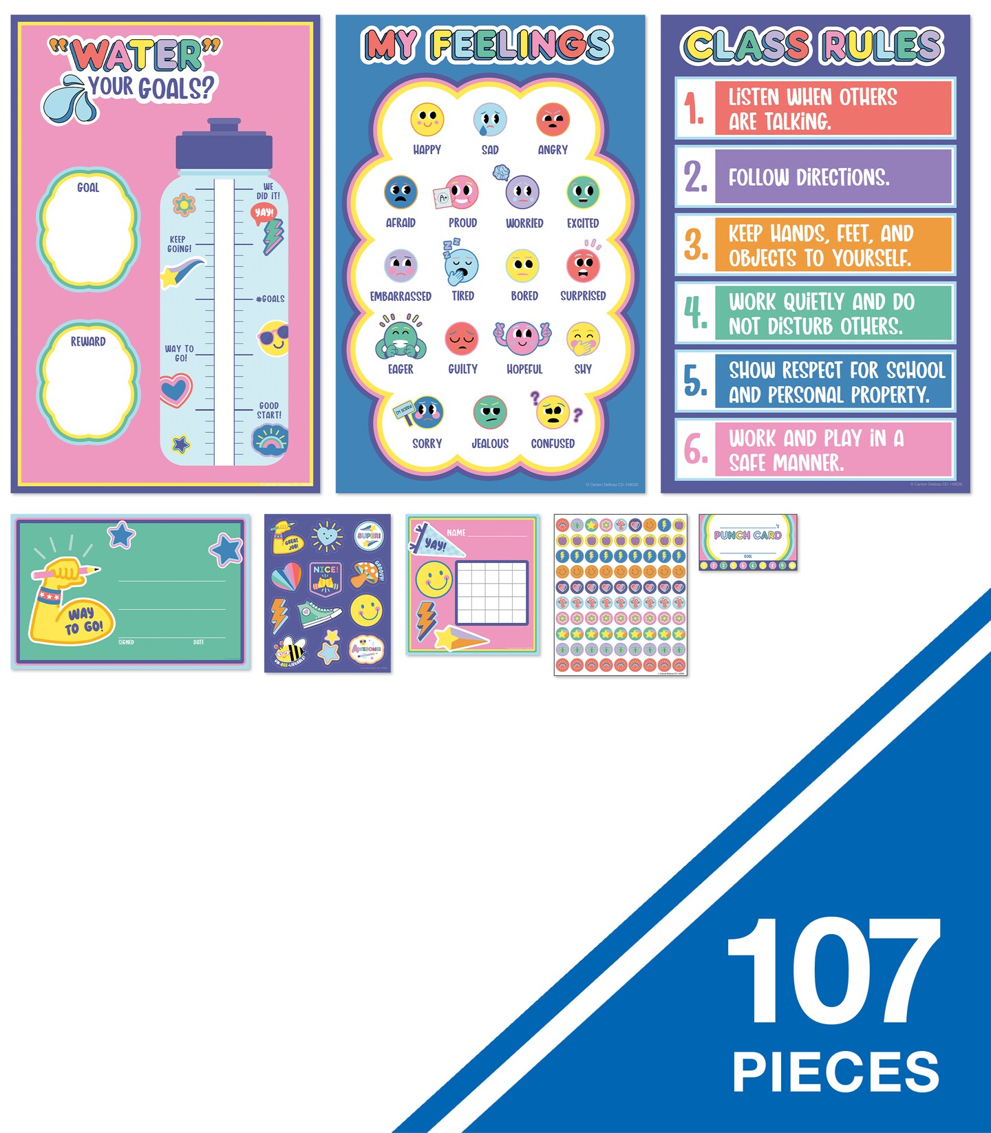 Carson Dellosa We Stick Together 107PC School Supplies, Incentives, Behavior Charts, Stickers, Punch Cards, Dry Erase Goal Tracker, Calming Corner Items Kids Poster, Motivational Classroom Must Haves