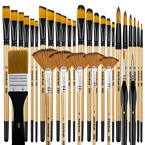  Bougimal 32 Pieces Paint Brush Set, Artist Series, Nylon  Bristles with Round, Filbert, Flat, Fan, Angle, Fine Detail Brush, Suitable  for Artists and Beginners for Acrylic Painting, Oil, Watercolor