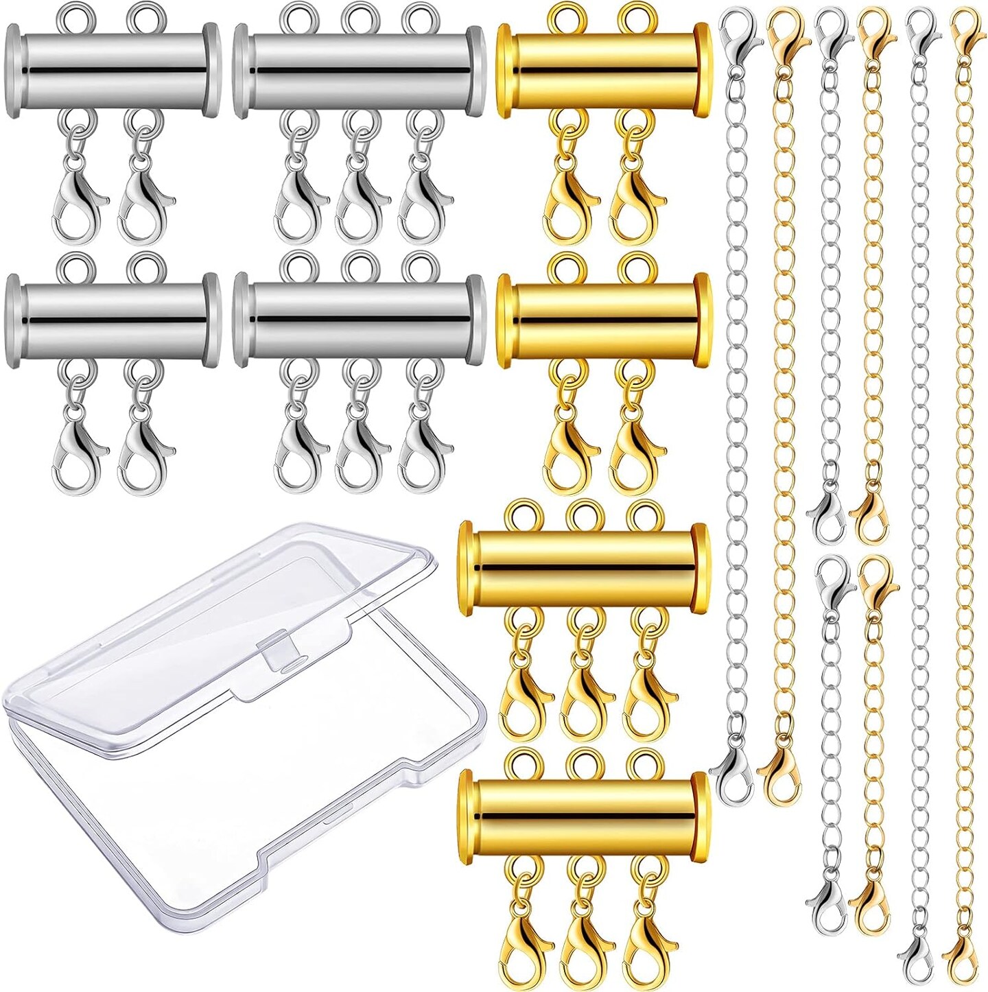 12 Pieces Necklace Layering Clasp Necklace Connector Slide Clasp Lock Multi Strand Slide Tube Clasp Plated Tube Lock Connector Necklace Separator with Bracelet Chain Extender Box (Gold, Silver)