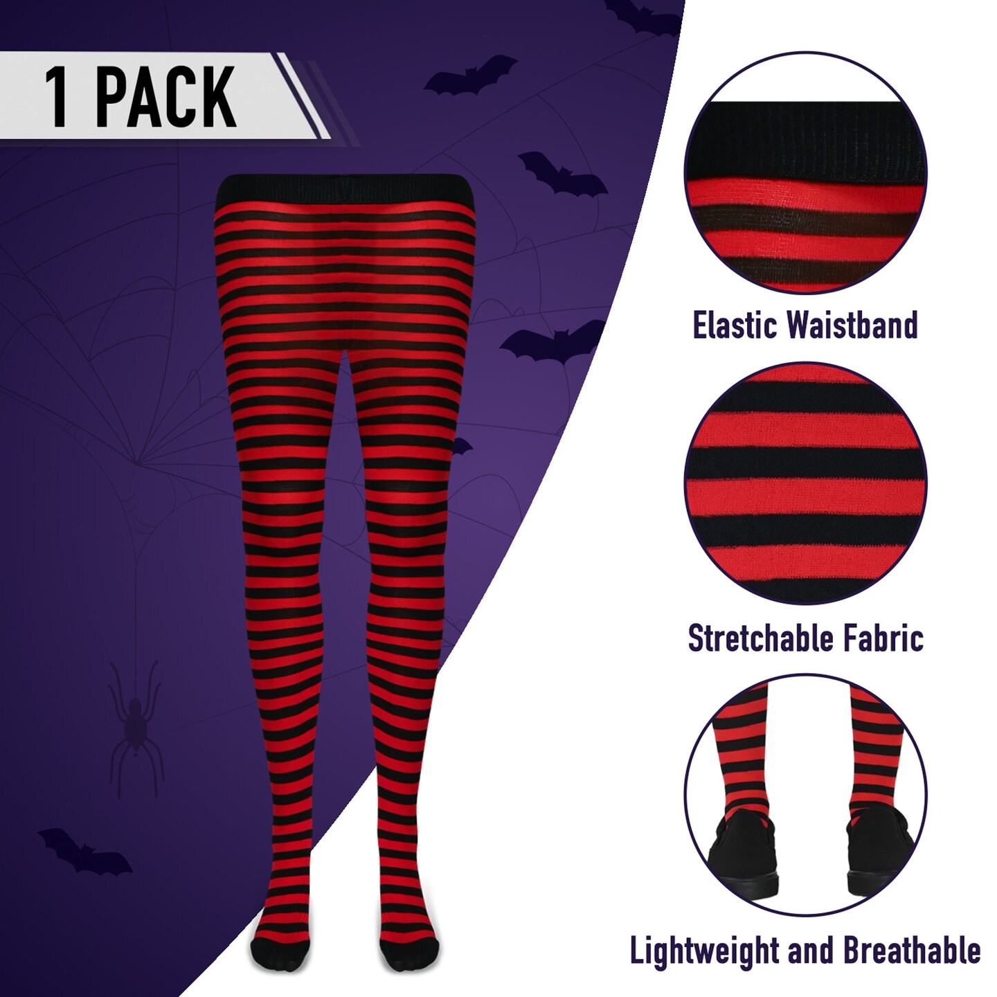 Black and Red Tights - Striped Nylon Stretch Pantyhose Stocking Accessories for Every Day Attire and Costumes for Teens and Children