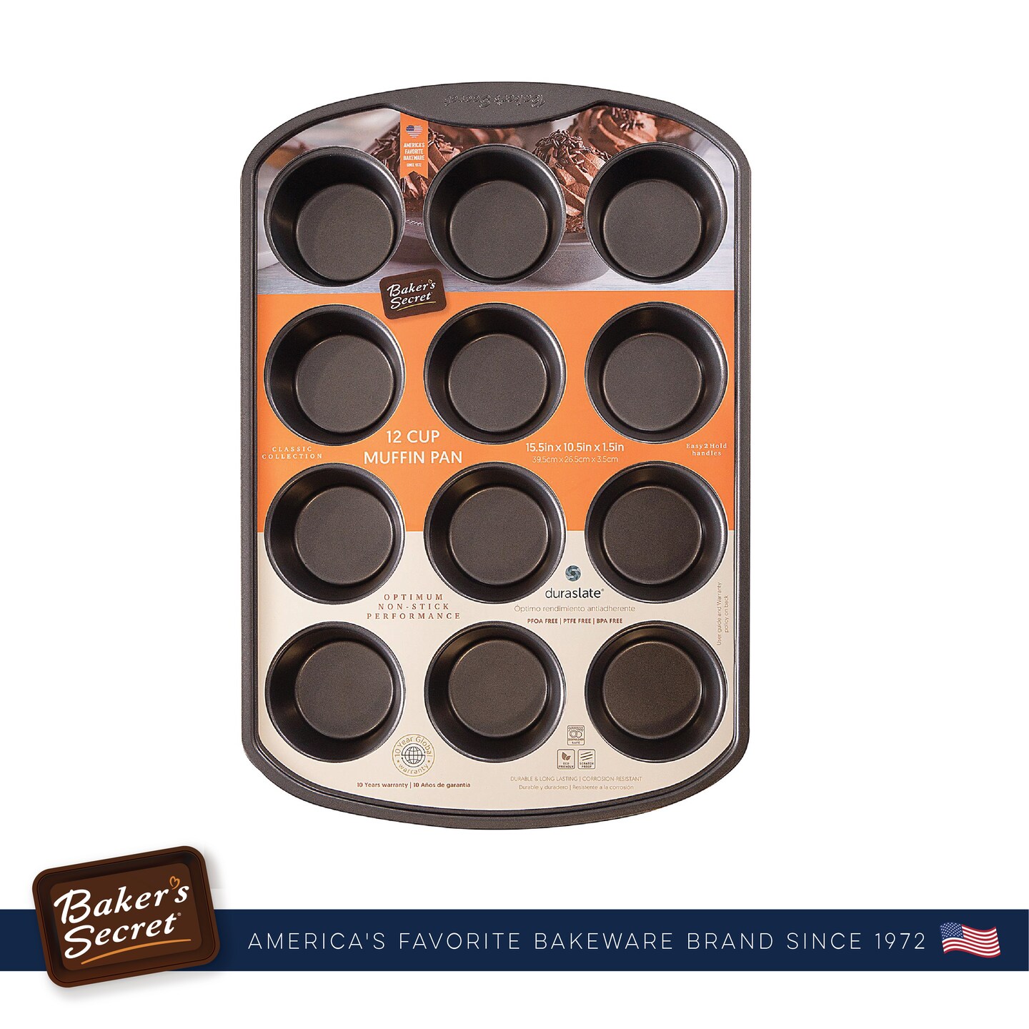 Baker&#x27;s Secret 12cup Muffin Pan Cupcake Nonstick Pan - Carbon Steel Pan for Muffins Cupcakes Non stick Coating Easy Release Dishwasher Safe DIY Bakeware Baking Supplies - Classic Collection