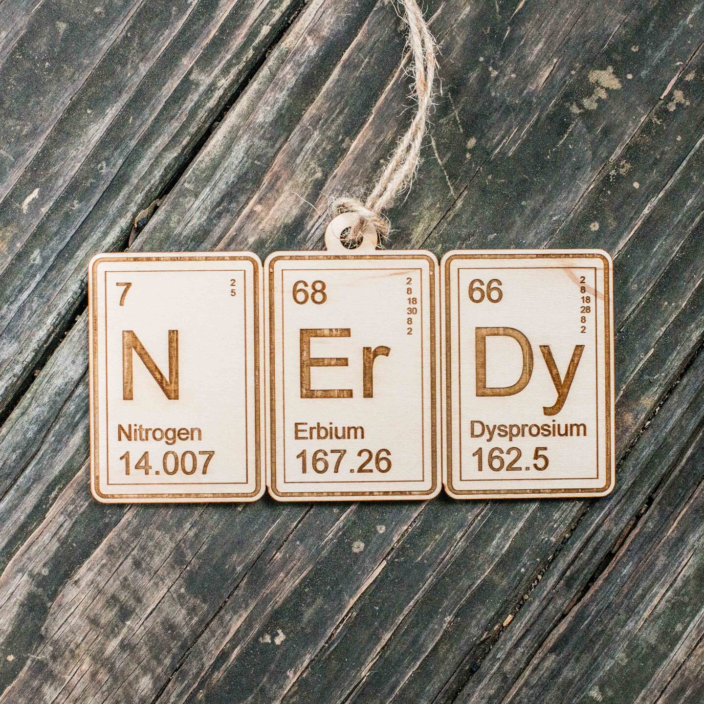 Ornament - Periodic Table Nerdy - Raw Wood 3x5in