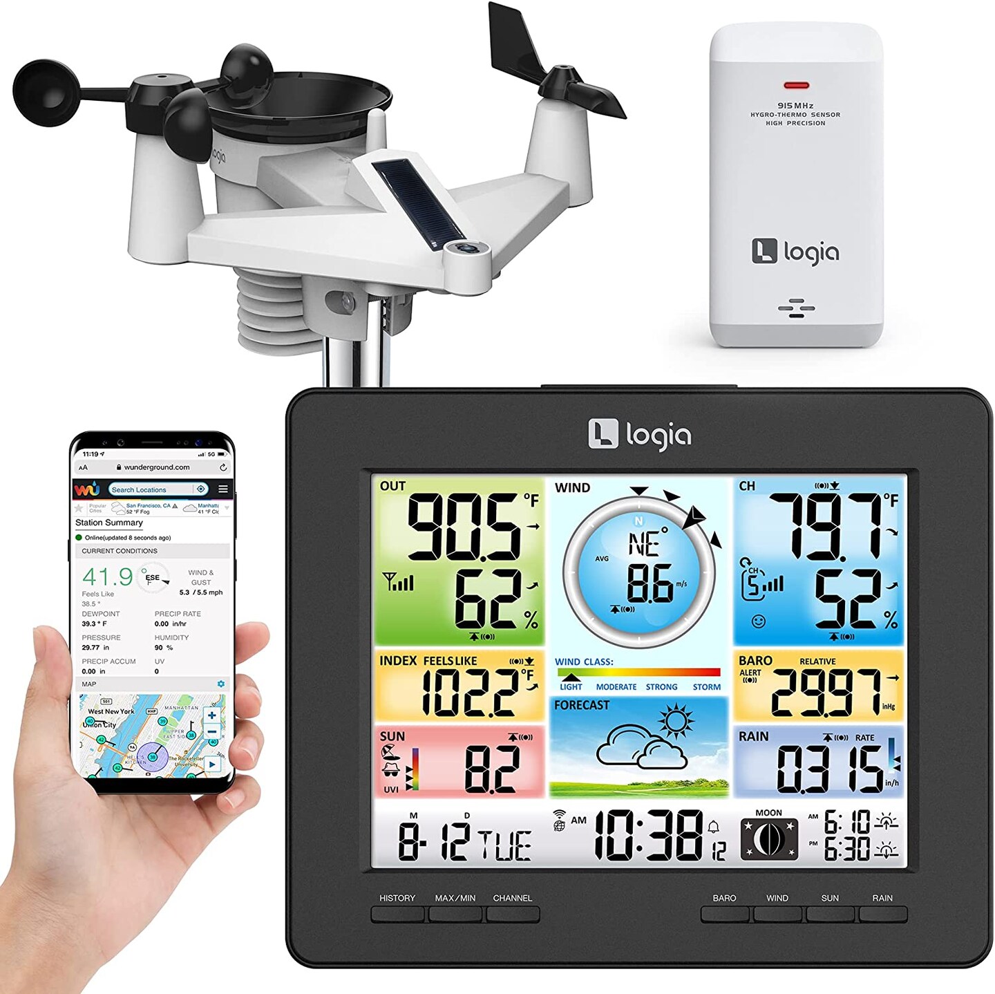 Logia 7-in-1 WiFi Wireless Weather Station with solar panel and Full Color LED Display