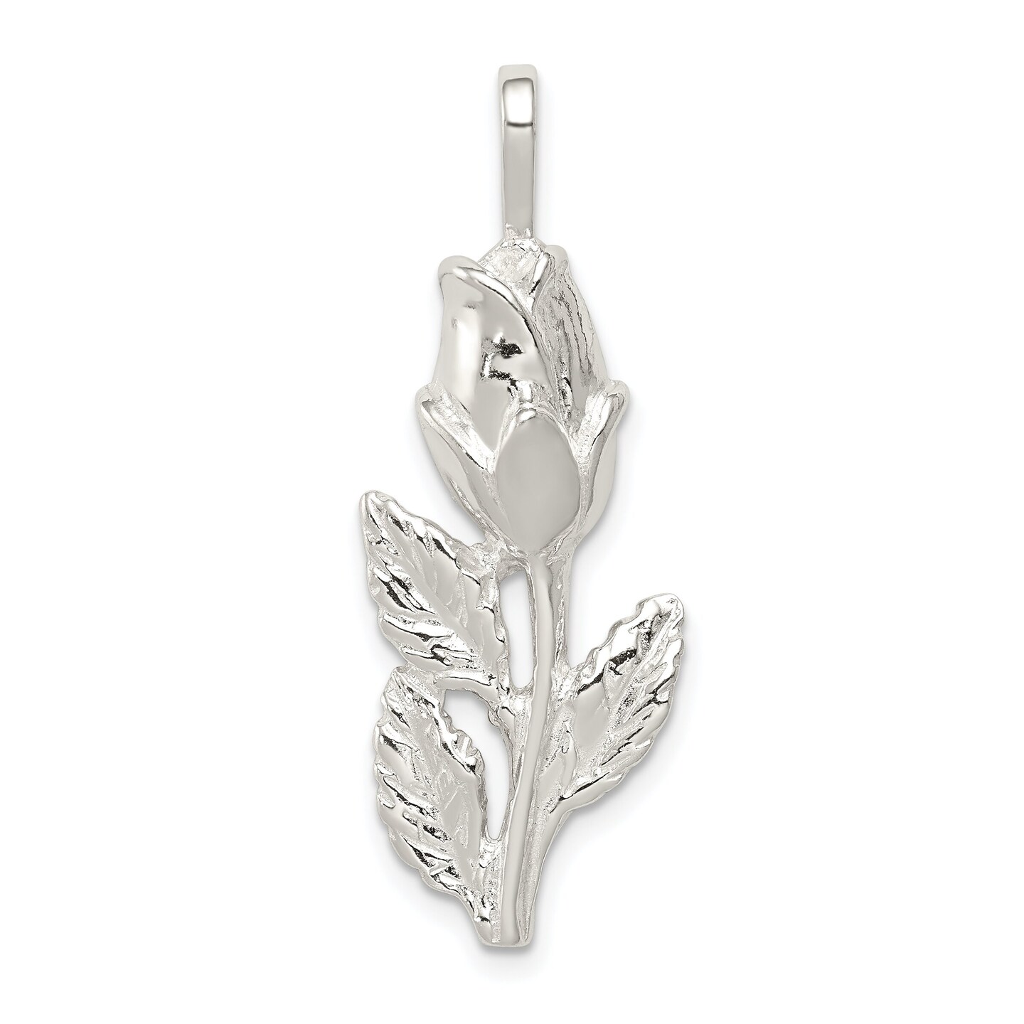 Sterling Silver Rose Bud Pendant Charm Flower Jewelry 36mm x 14mm