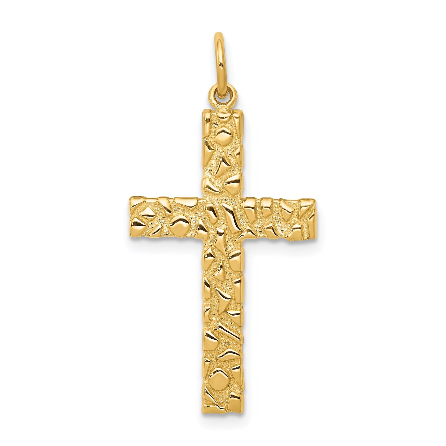 14K Yellow Gold Nugget Style Cross Pendant Charm Jewerly 39mm x 16mm