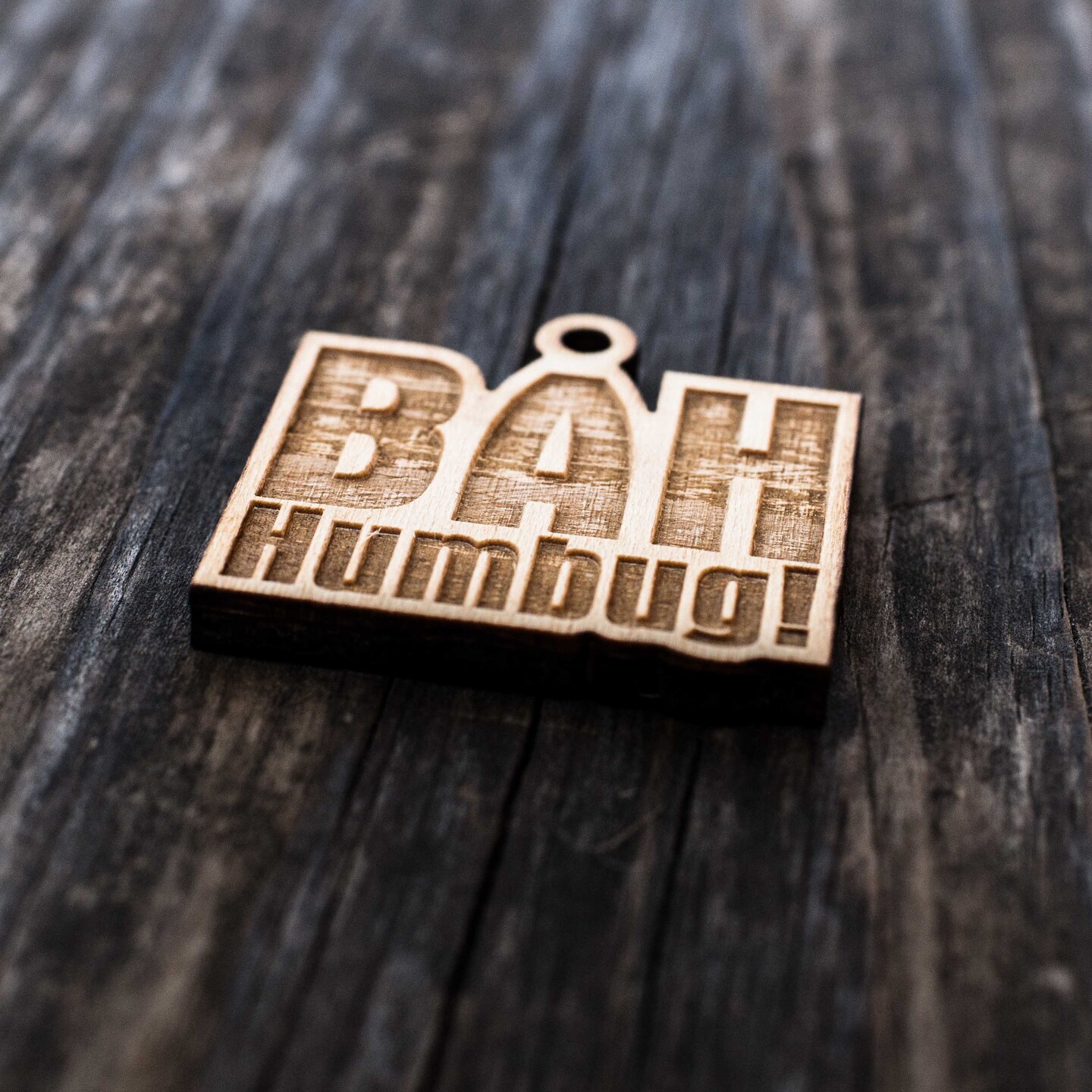 Ornament - Bah Humbug - Raw Wood 2x2in