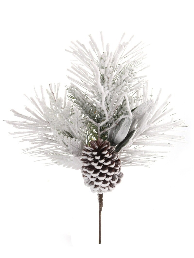 Set of 6: Snow-Covered Pine Pick with Leaves & Pine Cones | 18-Inch | Indoor Use | Faux Greenery | Party & Event | Home & Office Decor