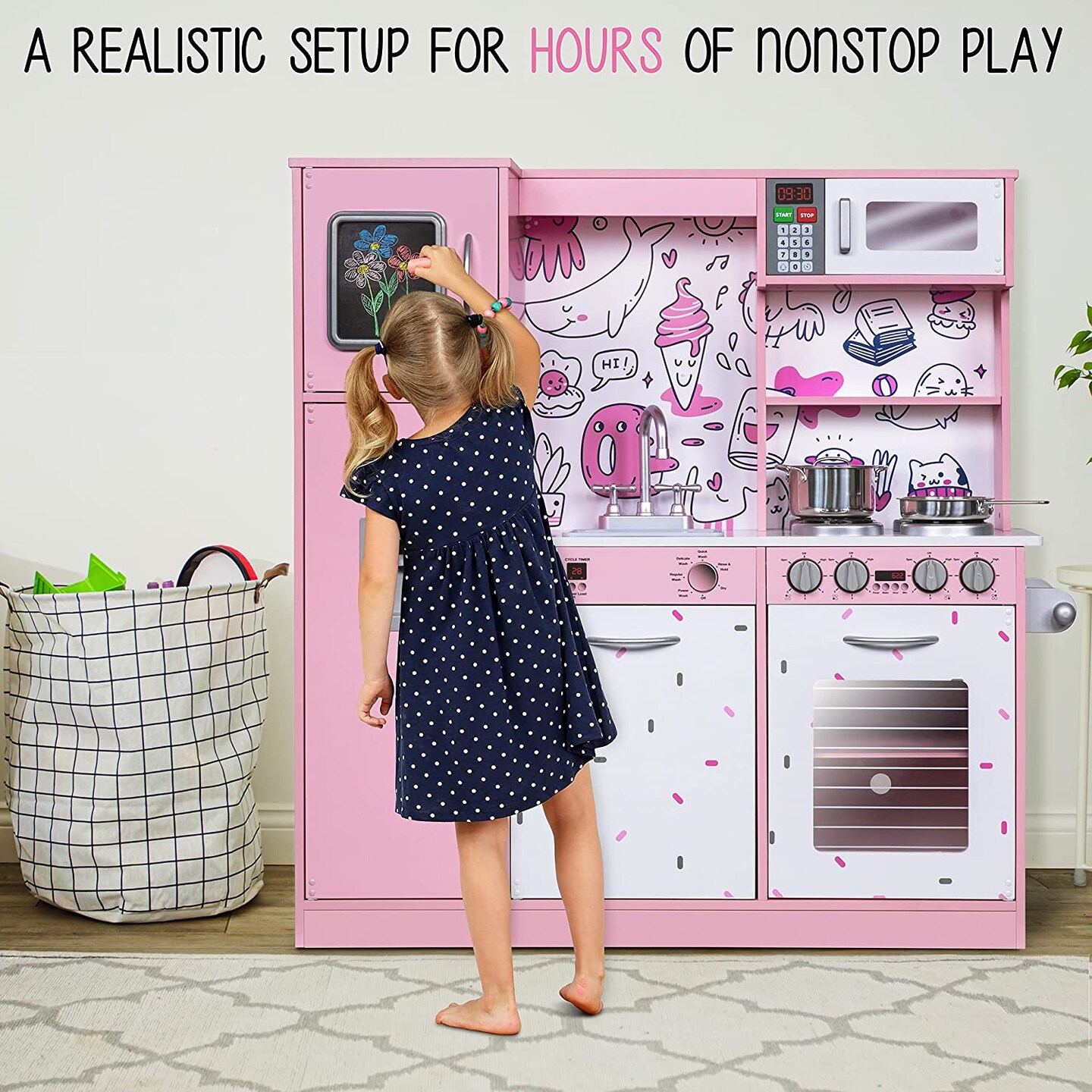 Lil&#x27; Jumbl Kids Kitchen Set, Toddler Pretend Wooden Kitchen Playset - Pink Emoji